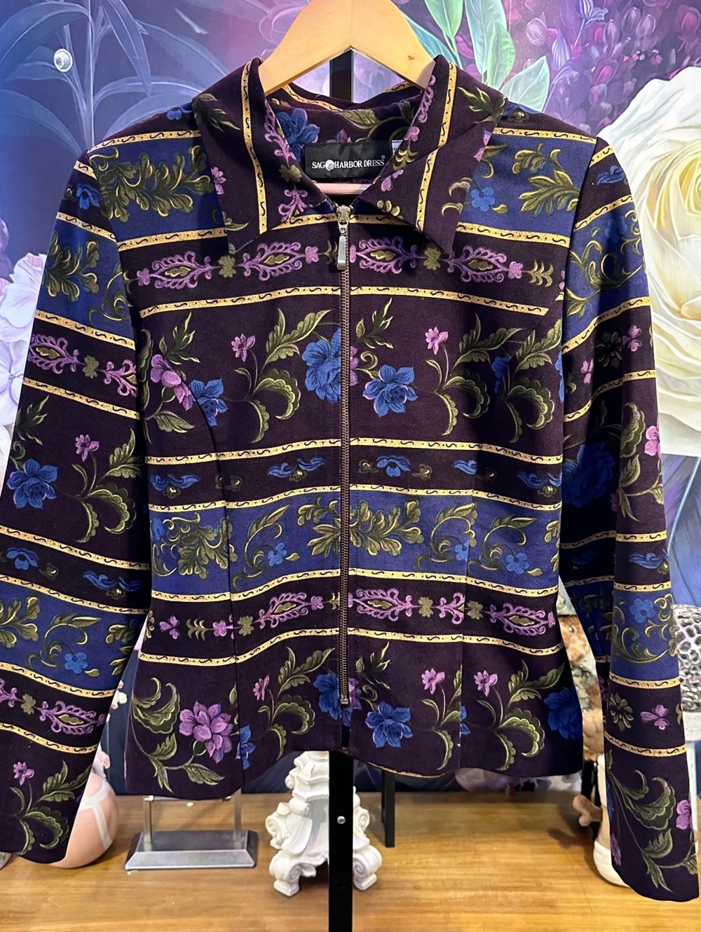 Sag Harbor 10 Jacket Baroque Floral Stripe Zip Front Stretch Knit Purple Blue